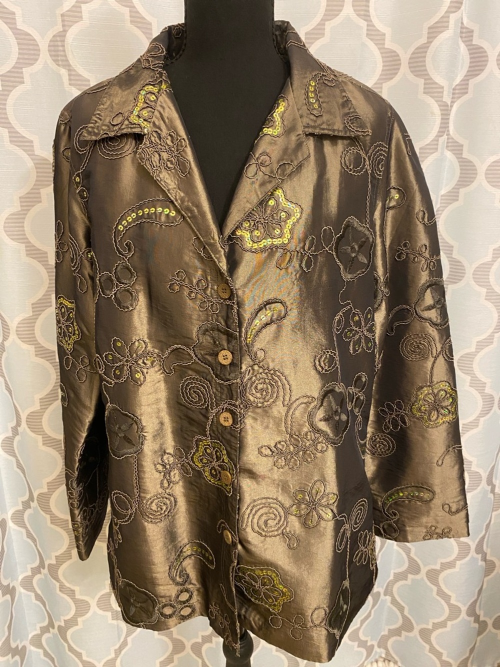 Womens Metallic Green/Brown Embroidered Button-Front Jacket